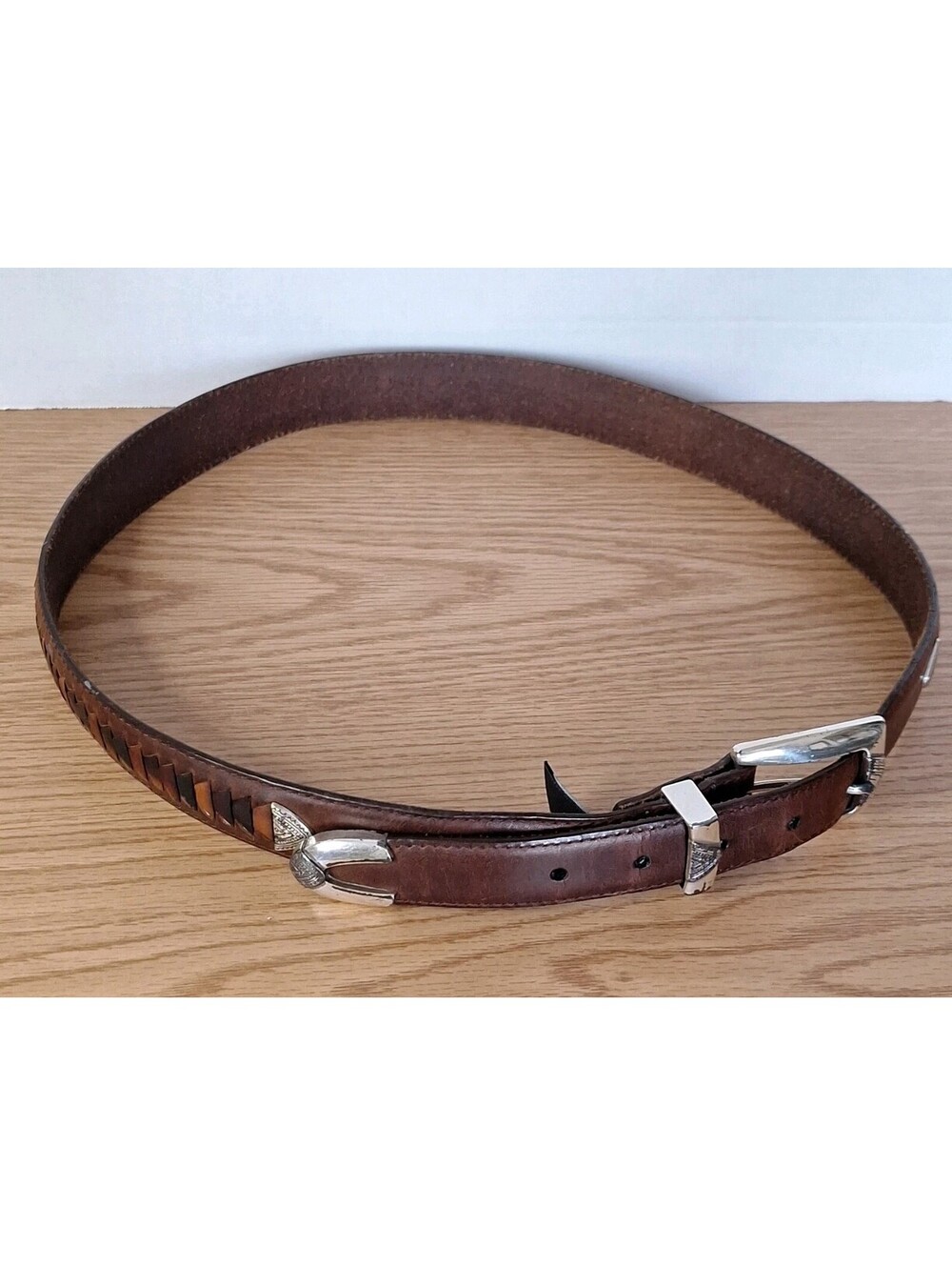 ONYX by Brighton Leather Belt Men Size 38 Black Croc Embossed Vintage Silver EUC